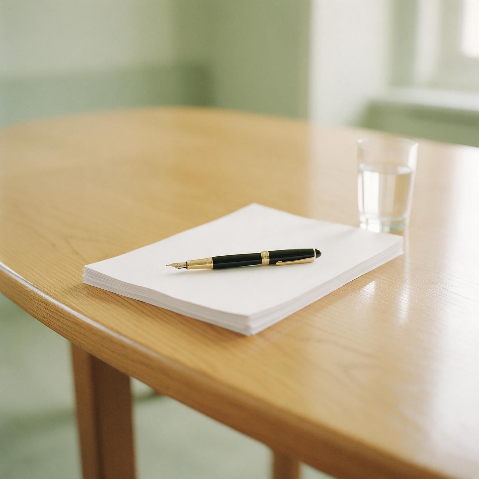 A panelled committee room in morning light: the long table laid with papers and an open notebook