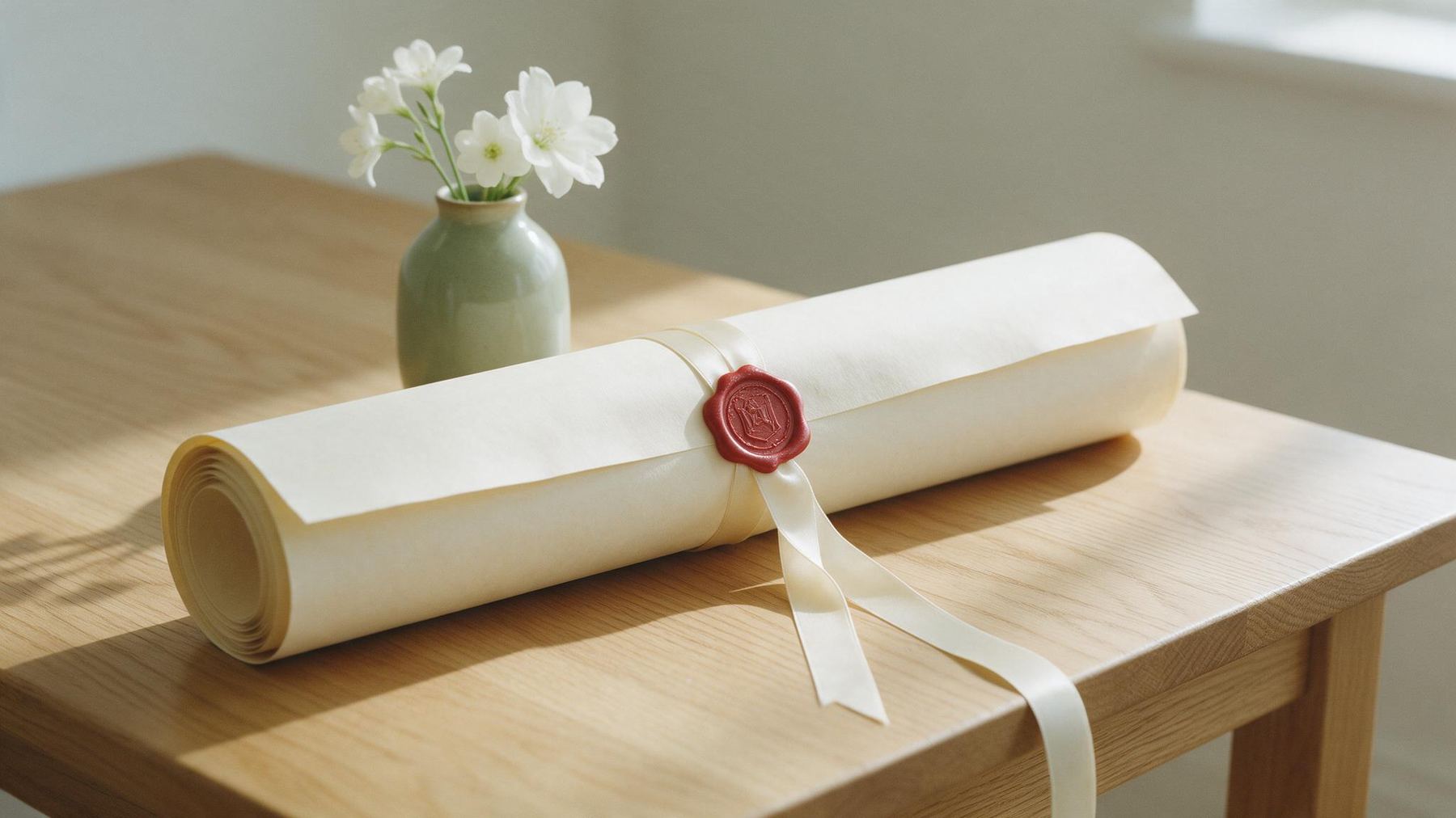 A sealed scroll of honour with a red wax seal and cream ribbon, in soft morning light